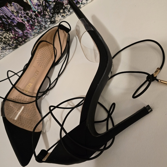 AZALEA WANG Black With Cleae Vinyl Toe Strap High Heels Ankle Wrap Strap 7.5 - Picture 13 of 17